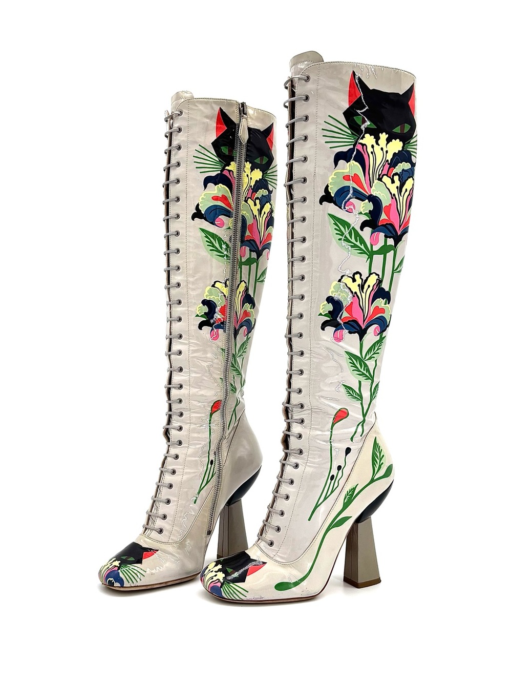 Miu Miu SS2014 Runway Cat Floral Print Patent Lace Up Knee High Boots 37